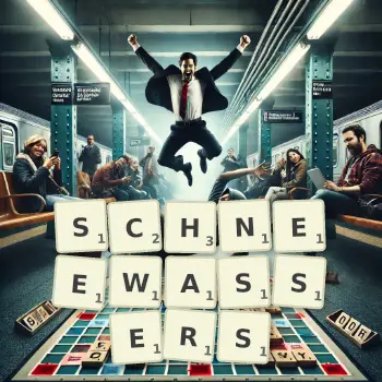 Kreative Illustration für ein Scrabble-Spiel, bei dem das Wort SCHNEEWASSERS mit Steinen auf dem Brett gelegt wurde.