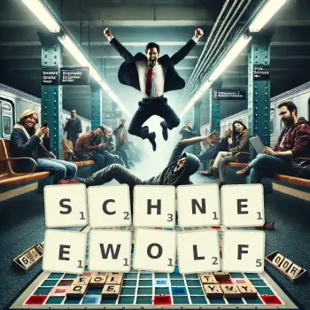 Kreative Illustration für ein Scrabble-Spiel, bei dem das Wort SCHNEEWOLF mit Steinen auf dem Brett gelegt wurde.