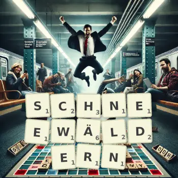 Kreative Illustration für ein Scrabble-Spiel, bei dem das Wort SCHNEEWÄLDERN mit Steinen auf dem Brett gelegt wurde.