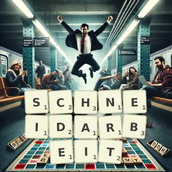 Kreative Illustration für ein Scrabble-Spiel, bei dem das Wort SCHNEIDARBEIT mit Steinen auf dem Brett gelegt wurde.