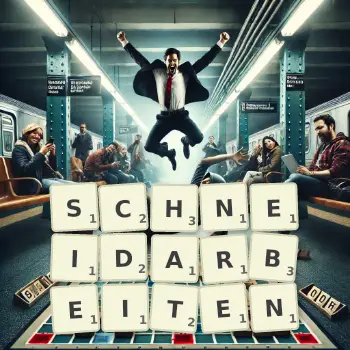 Kreative Illustration für ein Scrabble-Spiel, bei dem das Wort SCHNEIDARBEITEN mit Steinen auf dem Brett gelegt wurde.
