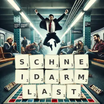 Kreative Illustration für ein Scrabble-Spiel, bei dem das Wort SCHNEIDARMLAST mit Steinen auf dem Brett gelegt wurde.