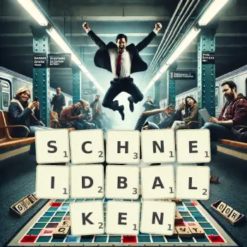 Kreative Illustration für ein Scrabble-Spiel, bei dem das Wort SCHNEIDBALKEN mit Steinen auf dem Brett gelegt wurde.