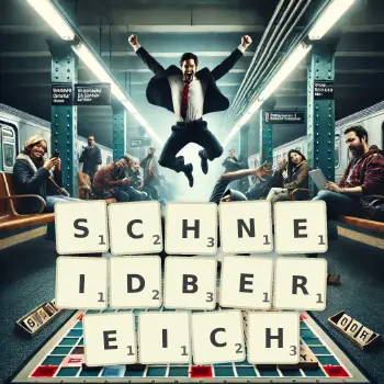 Kreative Illustration für ein Scrabble-Spiel, bei dem das Wort SCHNEIDBEREICH mit Steinen auf dem Brett gelegt wurde.