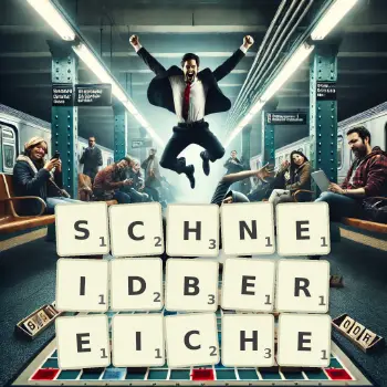 Kreative Illustration für ein Scrabble-Spiel, bei dem das Wort SCHNEIDBEREICHE mit Steinen auf dem Brett gelegt wurde.