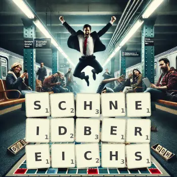 Kreative Illustration für ein Scrabble-Spiel, bei dem das Wort SCHNEIDBEREICHS mit Steinen auf dem Brett gelegt wurde.