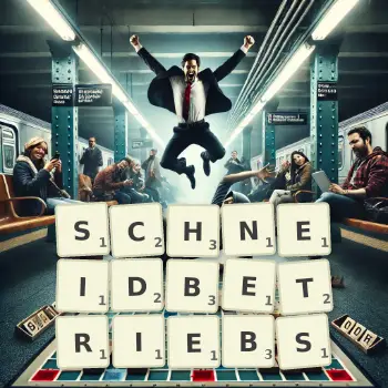 Kreative Illustration für ein Scrabble-Spiel, bei dem das Wort SCHNEIDBETRIEBS mit Steinen auf dem Brett gelegt wurde.