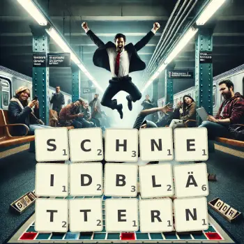 Kreative Illustration für ein Scrabble-Spiel, bei dem das Wort SCHNEIDBLÄTTERN mit Steinen auf dem Brett gelegt wurde.