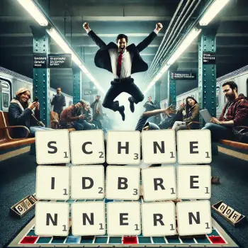 Kreative Illustration für ein Scrabble-Spiel, bei dem das Wort SCHNEIDBRENNERN mit Steinen auf dem Brett gelegt wurde.