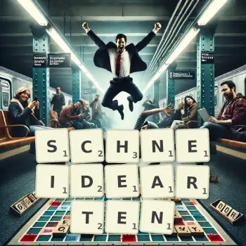 Kreative Illustration für ein Scrabble-Spiel, bei dem das Wort SCHNEIDEARTEN mit Steinen auf dem Brett gelegt wurde.