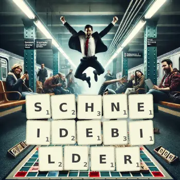 Kreative Illustration für ein Scrabble-Spiel, bei dem das Wort SCHNEIDEBILDER mit Steinen auf dem Brett gelegt wurde.