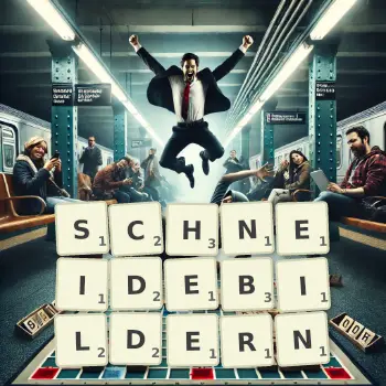 Kreative Illustration für ein Scrabble-Spiel, bei dem das Wort SCHNEIDEBILDERN mit Steinen auf dem Brett gelegt wurde.