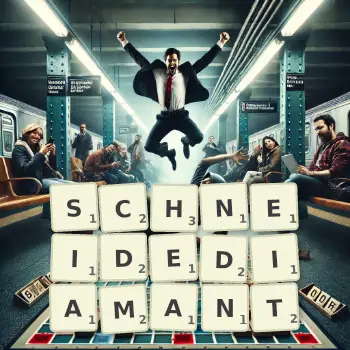 Kreative Illustration für ein Scrabble-Spiel, bei dem das Wort SCHNEIDEDIAMANT mit Steinen auf dem Brett gelegt wurde.