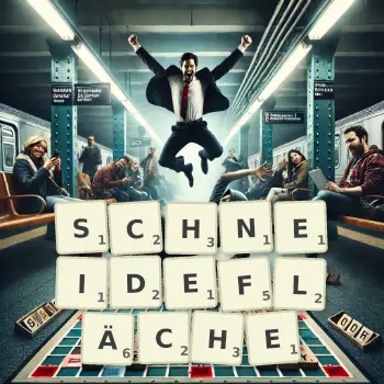 Kreative Illustration für ein Scrabble-Spiel, bei dem das Wort SCHNEIDEFLÄCHE mit Steinen auf dem Brett gelegt wurde.
