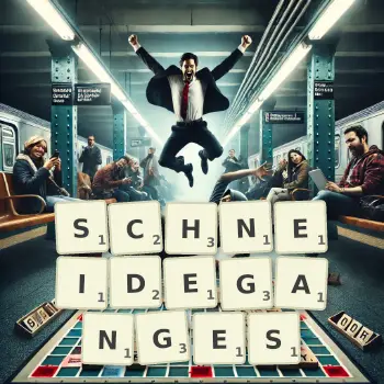 Kreative Illustration für ein Scrabble-Spiel, bei dem das Wort SCHNEIDEGANGES mit Steinen auf dem Brett gelegt wurde.