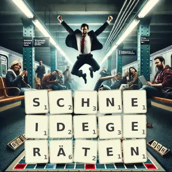Kreative Illustration für ein Scrabble-Spiel, bei dem das Wort SCHNEIDEGERÄTEN mit Steinen auf dem Brett gelegt wurde.