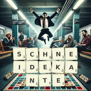 Kreative Illustration für ein Scrabble-Spiel, bei dem das Wort SCHNEIDEKANTE mit Steinen auf dem Brett gelegt wurde.