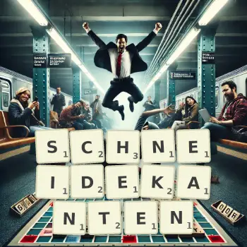Kreative Illustration für ein Scrabble-Spiel, bei dem das Wort SCHNEIDEKANTEN mit Steinen auf dem Brett gelegt wurde.