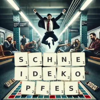 Kreative Illustration für ein Scrabble-Spiel, bei dem das Wort SCHNEIDEKOPFES mit Steinen auf dem Brett gelegt wurde.