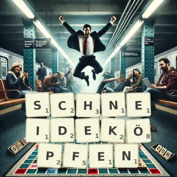 Kreative Illustration für ein Scrabble-Spiel, bei dem das Wort SCHNEIDEKÖPFEN mit Steinen auf dem Brett gelegt wurde.