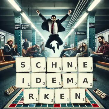 Kreative Illustration für ein Scrabble-Spiel, bei dem das Wort SCHNEIDEMARKEN mit Steinen auf dem Brett gelegt wurde.