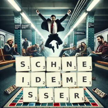 Kreative Illustration für ein Scrabble-Spiel, bei dem das Wort SCHNEIDEMESSER mit Steinen auf dem Brett gelegt wurde.