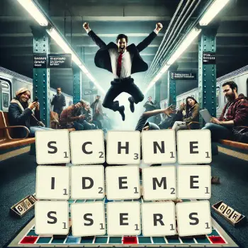 Kreative Illustration für ein Scrabble-Spiel, bei dem das Wort SCHNEIDEMESSERS mit Steinen auf dem Brett gelegt wurde.