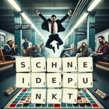 Kreative Illustration für ein Scrabble-Spiel, bei dem das Wort SCHNEIDEPUNKT mit Steinen auf dem Brett gelegt wurde.