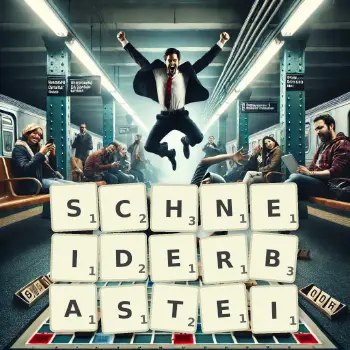 Kreative Illustration für ein Scrabble-Spiel, bei dem das Wort SCHNEIDERBASTEI mit Steinen auf dem Brett gelegt wurde.
