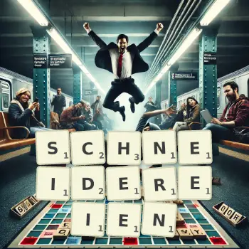 Kreative Illustration für ein Scrabble-Spiel, bei dem das Wort SCHNEIDEREIEN mit Steinen auf dem Brett gelegt wurde.