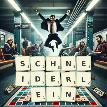 Kreative Illustration für ein Scrabble-Spiel, bei dem das Wort SCHNEIDERLEIN mit Steinen auf dem Brett gelegt wurde.