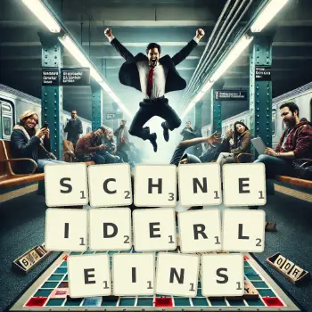 Kreative Illustration für ein Scrabble-Spiel, bei dem das Wort SCHNEIDERLEINS mit Steinen auf dem Brett gelegt wurde.