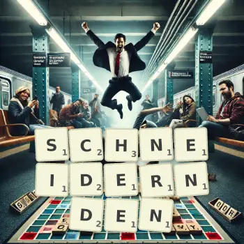 Kreative Illustration für ein Scrabble-Spiel, bei dem das Wort SCHNEIDERNDEN mit Steinen auf dem Brett gelegt wurde.