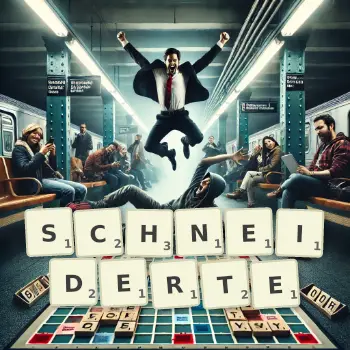Kreative Illustration für ein Scrabble-Spiel, bei dem das Wort SCHNEIDERTE mit Steinen auf dem Brett gelegt wurde.