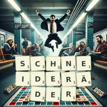 Kreative Illustration für ein Scrabble-Spiel, bei dem das Wort SCHNEIDERÄDER mit Steinen auf dem Brett gelegt wurde.