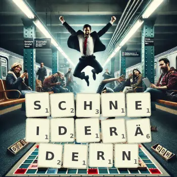 Kreative Illustration für ein Scrabble-Spiel, bei dem das Wort SCHNEIDERÄDERN mit Steinen auf dem Brett gelegt wurde.