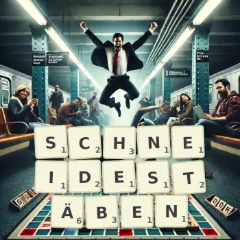 Kreative Illustration für ein Scrabble-Spiel, bei dem das Wort SCHNEIDESTÄBEN mit Steinen auf dem Brett gelegt wurde.