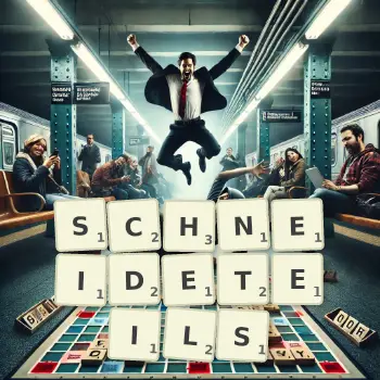Kreative Illustration für ein Scrabble-Spiel, bei dem das Wort SCHNEIDETEILS mit Steinen auf dem Brett gelegt wurde.