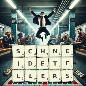 Kreative Illustration für ein Scrabble-Spiel, bei dem das Wort SCHNEIDETELLERS mit Steinen auf dem Brett gelegt wurde.