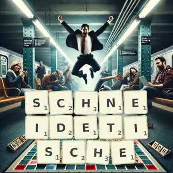 Kreative Illustration für ein Scrabble-Spiel, bei dem das Wort SCHNEIDETISCHE mit Steinen auf dem Brett gelegt wurde.