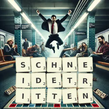 Kreative Illustration für ein Scrabble-Spiel, bei dem das Wort SCHNEIDETRITTEN mit Steinen auf dem Brett gelegt wurde.