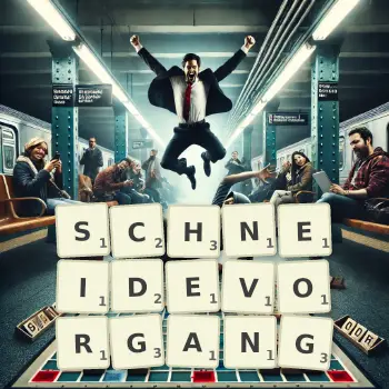 Kreative Illustration für ein Scrabble-Spiel, bei dem das Wort SCHNEIDEVORGANG mit Steinen auf dem Brett gelegt wurde.