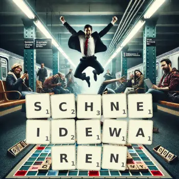 Kreative Illustration für ein Scrabble-Spiel, bei dem das Wort SCHNEIDEWAREN mit Steinen auf dem Brett gelegt wurde.