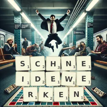 Kreative Illustration für ein Scrabble-Spiel, bei dem das Wort SCHNEIDEWERKEN mit Steinen auf dem Brett gelegt wurde.