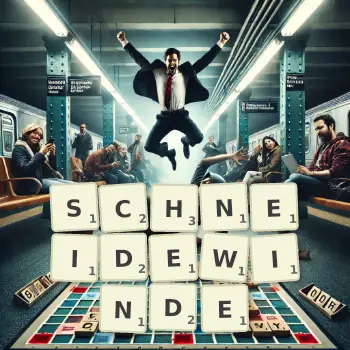 Kreative Illustration für ein Scrabble-Spiel, bei dem das Wort SCHNEIDEWINDE mit Steinen auf dem Brett gelegt wurde.