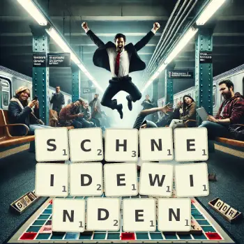 Kreative Illustration für ein Scrabble-Spiel, bei dem das Wort SCHNEIDEWINDEN mit Steinen auf dem Brett gelegt wurde.