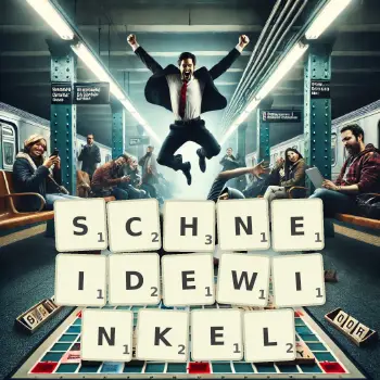 Kreative Illustration für ein Scrabble-Spiel, bei dem das Wort SCHNEIDEWINKEL mit Steinen auf dem Brett gelegt wurde.