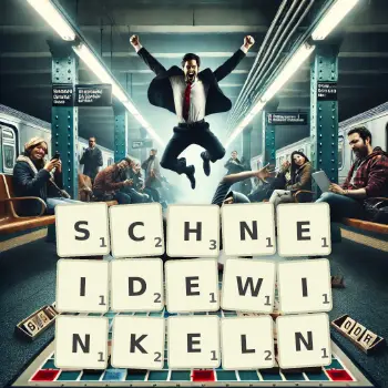 Kreative Illustration für ein Scrabble-Spiel, bei dem das Wort SCHNEIDEWINKELN mit Steinen auf dem Brett gelegt wurde.