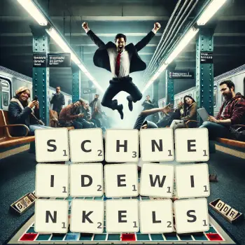 Kreative Illustration für ein Scrabble-Spiel, bei dem das Wort SCHNEIDEWINKELS mit Steinen auf dem Brett gelegt wurde.