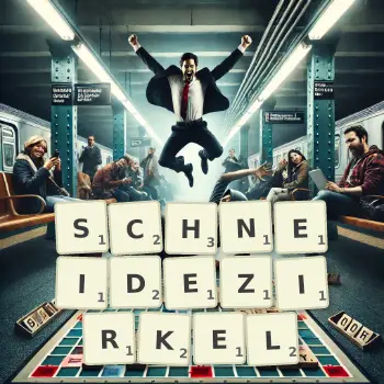 Kreative Illustration für ein Scrabble-Spiel, bei dem das Wort SCHNEIDEZIRKEL mit Steinen auf dem Brett gelegt wurde.